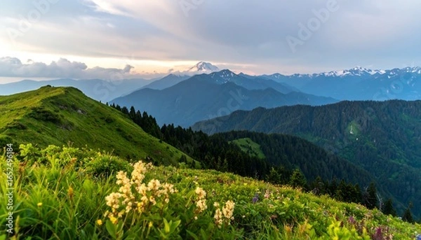 Fototapeta A sweeping vista of a lush green mountain slope, dotted with wildflowers, ascends to a backdrop of layered mountain ranges, bathed in the soft light of a serene sunset.