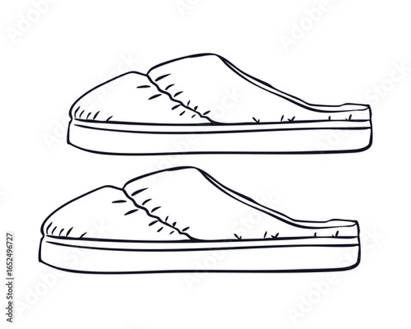 Fototapeta Home slippers. Simple line art illustration of a pair of comfortable slippers, perfect for home-related designs, relaxation concepts, or sleepwear graphics. Vector illustration	