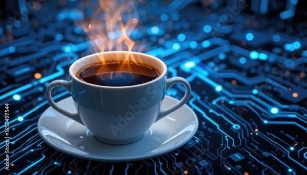 Fototapeta An image of a single hot coffee cup resting on a saucer with digital lights and flashing blue technology circuits in the background