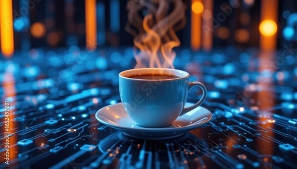 Fototapeta An image of a single hot coffee cup resting on a saucer with digital lights and flashing blue technology circuits in the background