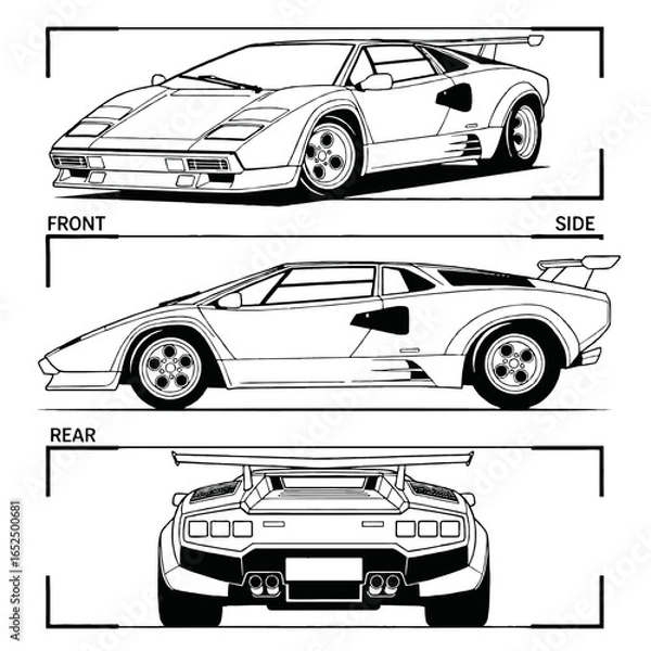 Fototapeta Black and white technical illustration of a classic sports car, showing front, side, and rear views.