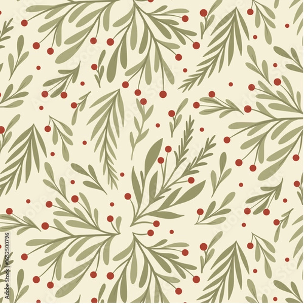 Obraz Seamless Christmas Foliage Pattern with Red Berries and Winter Evergreen Branches on Cream Background