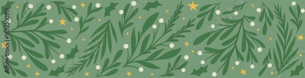 Obraz Seamless Christmas Border Pattern with Pine Branches, Holly, Mistletoe Berries, and Golden Stars for Festive Wrapping and Winter Textiles