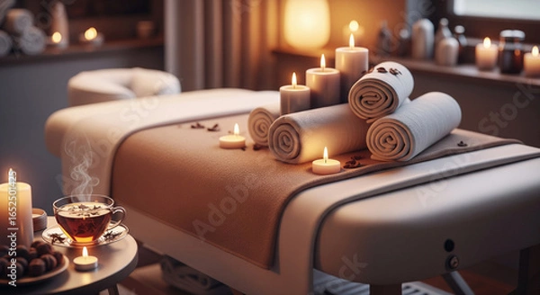 Fototapeta Spa and Relaxation: Massage Table with Candles, Towels, and Herbal Tea in a Tranquil Atmosphere.
