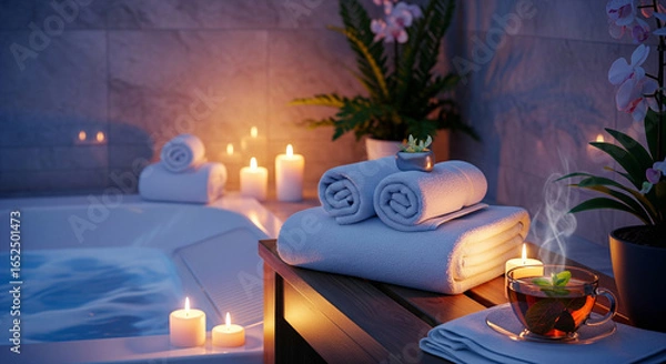 Fototapeta Spa and Relaxation: Massage Table with Candles, Towels, and Herbal Tea in a Tranquil Atmosphere.