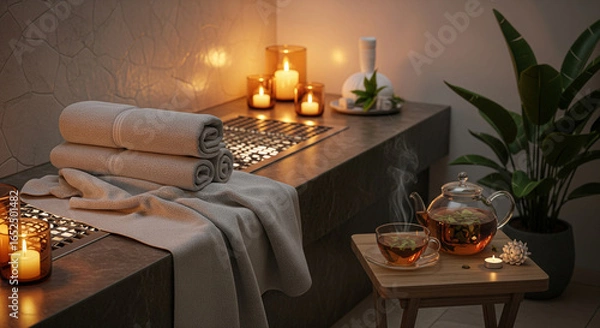 Fototapeta Spa and Relaxation: Massage Table with Candles, Towels, and Herbal Tea in a Tranquil Atmosphere.