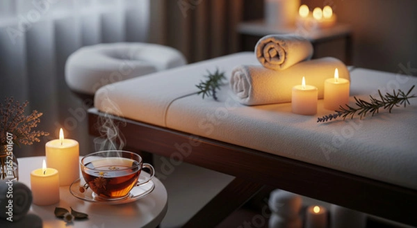 Fototapeta Spa and Relaxation: Massage Table with Candles, Towels, and Herbal Tea in a Tranquil Atmosphere.