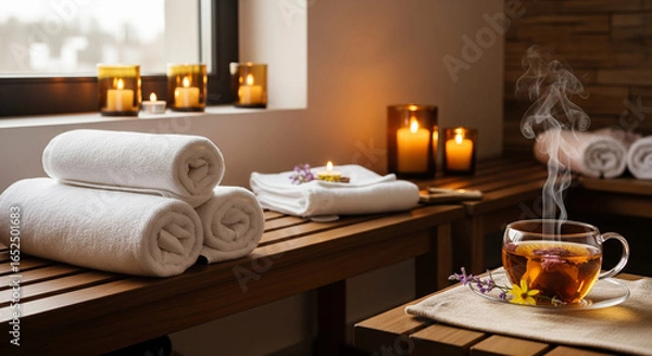 Fototapeta Spa and Relaxation: Massage Table with Candles, Towels, and Herbal Tea in a Tranquil Atmosphere.