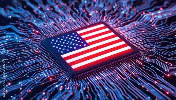 Fototapeta The red and white design of the American flag is displayed on a computer chip, encircled by digital circuitry and a network of blue lines.  The idea of fusing innovation and patriotic technology.
