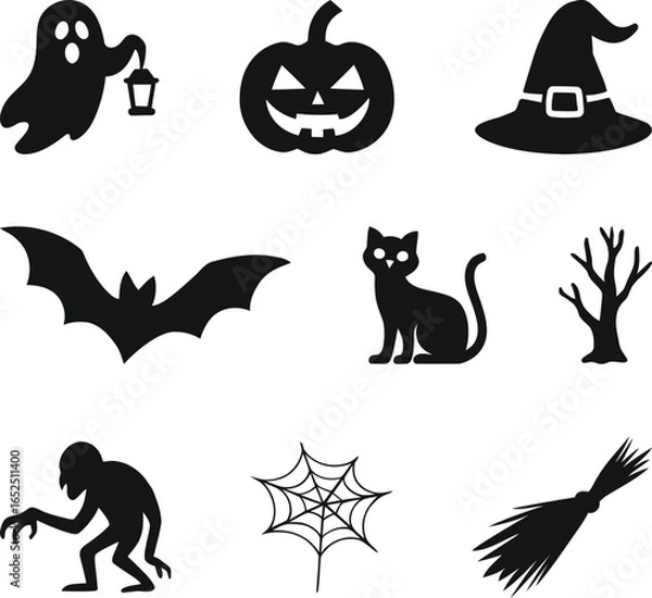 Obraz Scary Halloween Silhouette Illustration with Zombie, Ghost, Bat and Lantern