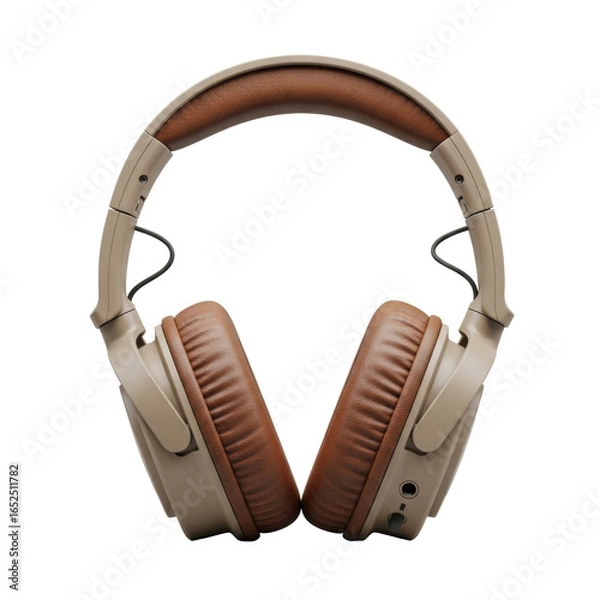 Fototapeta Robust, classic over-ear headphones with matte beige plastic and worn brown faux leather earcups, on transparent background, soft studio light. Concept of timeless audio equipment