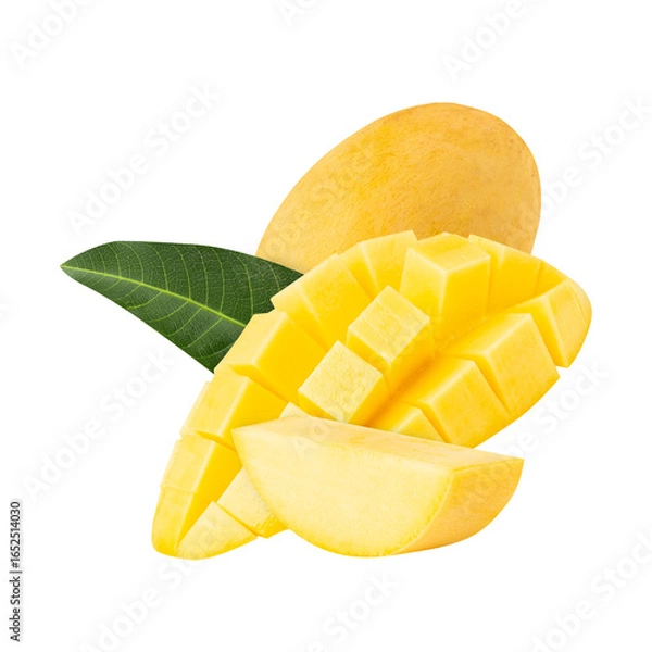 Fototapeta Yellow Mango with leaf, cutout, full depth of field.