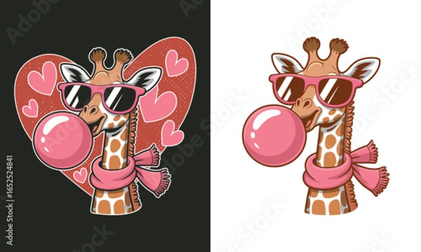 Obraz Funny Cute  Giraffe Wearing Pink Sunglasses And Blowing Bubble Gum - Giraffe Lover T Shirt Design