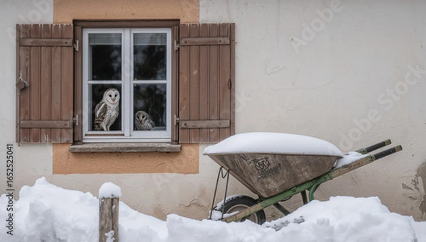 Fototapeta Owls Observing from a Snowy Window Scene in Winter
