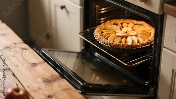 Fototapeta Apple pie baking in an oven with a rustic kitchen setting