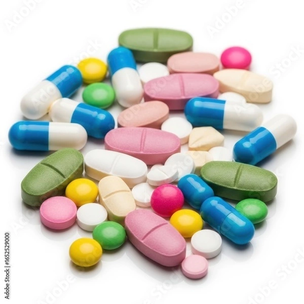 Fototapeta An assortment of medication pills, capsules and tablets in vivid color