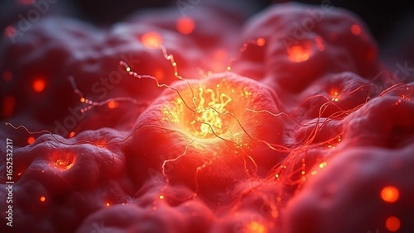 Fototapeta Cellular-level artistic rendering of mitochondria glowing with healing energy powering regeneration within human tissue
