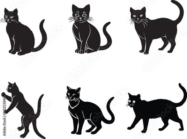 Obraz A set of cute cartoon cats, kittens, and black cat silhouettes