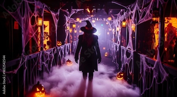 Fototapeta Silhouette of a witch walking through a smoky spiderweb draped Halloween tunnel with jack o' lanterns