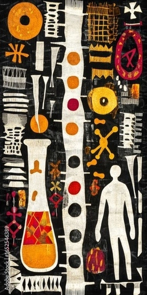 Fototapeta Abstract science illustration with test tubes human figures and various scientific elements.
