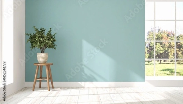 Fototapeta Minimal Modern Living Room Background With Pastel Teal Wall Large Sunlight Window