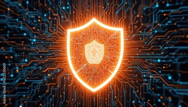 Fototapeta The glowing shield serves as an example of robust cyberspace data protection.