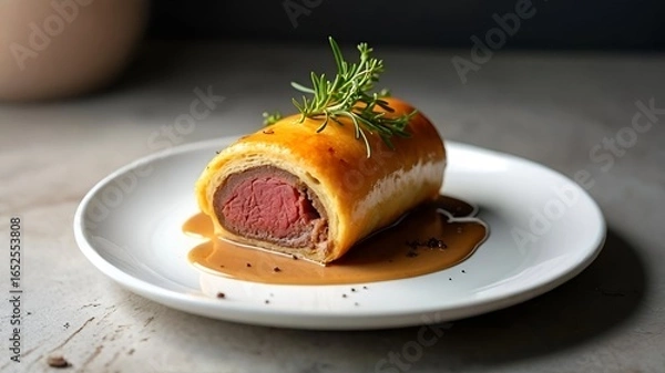 Obraz AI-Generated Gourmet Beef Wellington: Perfectly Sliced Golden Puff Pastry with Medium-Rare Beef Tenderloin, Fresh Rosemary Garnish, and Rich Jus on Elegant White Platebread and butter.