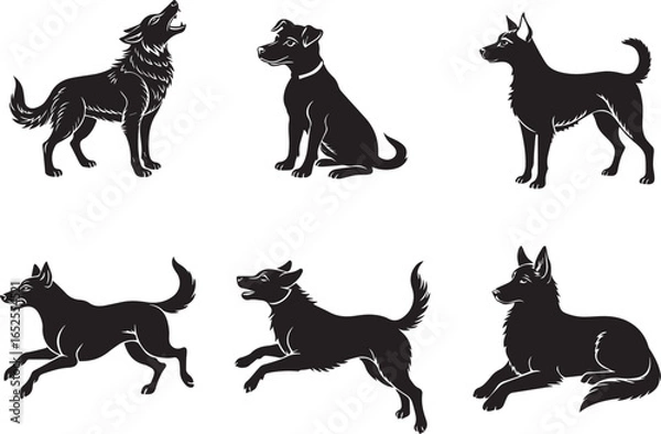 Obraz Set of black dog  silhouettes in vector illustration style