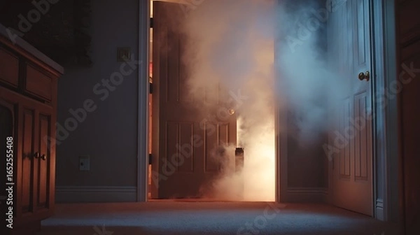 Fototapeta home fire with smoke coming from a burning chamber under the door .