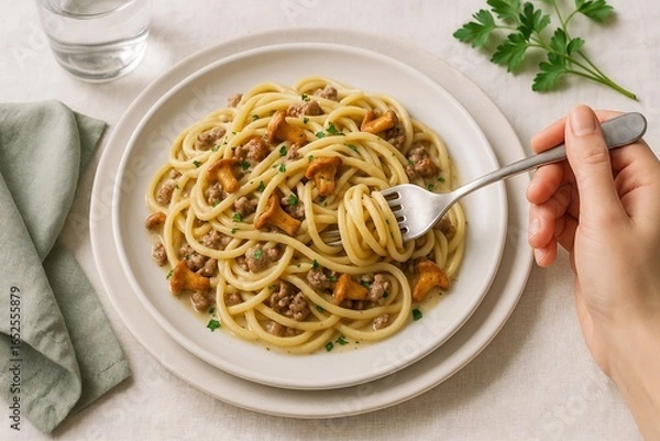 Obraz Teller mit Pasta, Pfifferlingen und Hackfleisch in heller Sauce mit Hand in Draufsicht