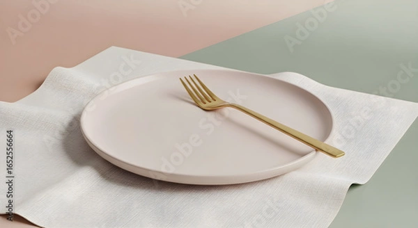 Fototapeta Empty plate with golden fork on a table