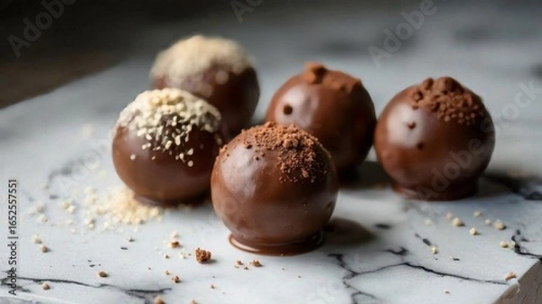 Obraz AI-Generated Handcrafted Chocolate Truffles Collection: Gourmet Confections with Cocoa Powder and Nut Toppings on Marble Surface with Selective Focus Photographyacorns on a wooden table