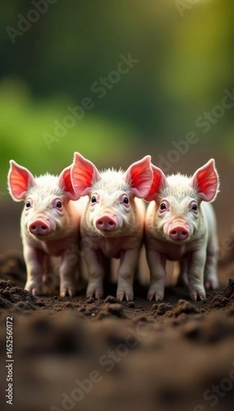 Fototapeta Three small pigs in mud, staring directly at viewer , nature, photography