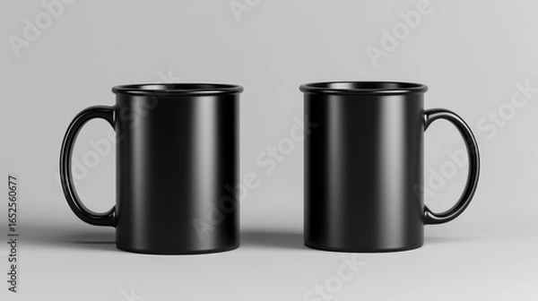Fototapeta 3D illustration of two black metal mugs, one positioned horizontally to display the base, the other standing upright.