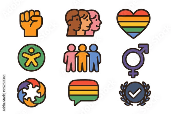 Fototapeta Diversity and inclusion icon set. Vector symbols for equality, human rights, and social issues. Concepts of community, teamwork, race, culture, gender, and LGBTQ pride.