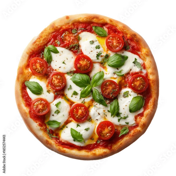 Fototapeta Pizza Margherita with Tomato sauce, fresh mozzarella, basil, olive oil isolated on white transparent background