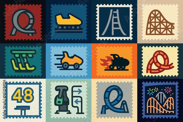 Fototapeta Vintage Amusement Park Ride Icons Set with Roller Coasters and Fun Elements