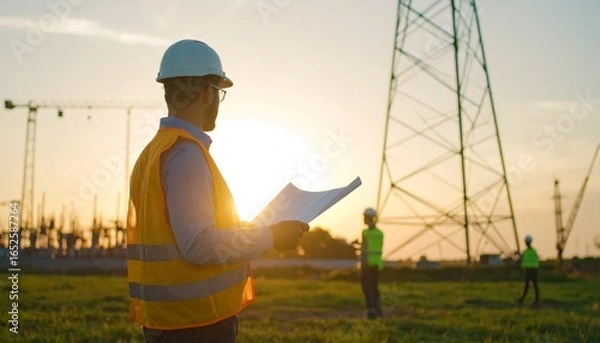 Obraz Engineer reviewing blueprints at sunset, construction site