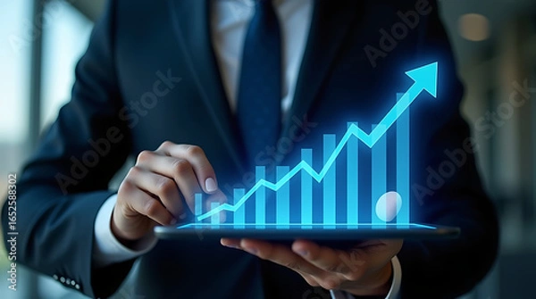 Fototapeta Businessman touching tablet displaying a glowing blue financial growth chart with an upward arrow
