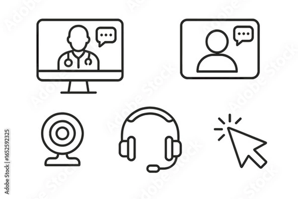 Fototapeta Telemedicine line icon set. Online doctor consultation, virtual healthcare concept. Remote medical support illustration. Vector icons of computer, patient video call, webcam, headset.