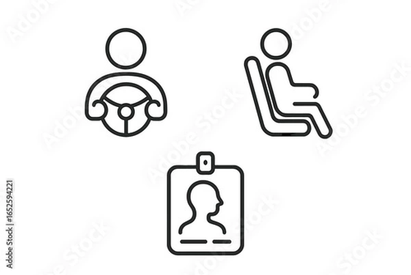 Obraz Driver and passenger transport roles icon set. Outline symbols for person driving, seated passenger, and driver ID badge. Vector for car sharing app UI, website, license.