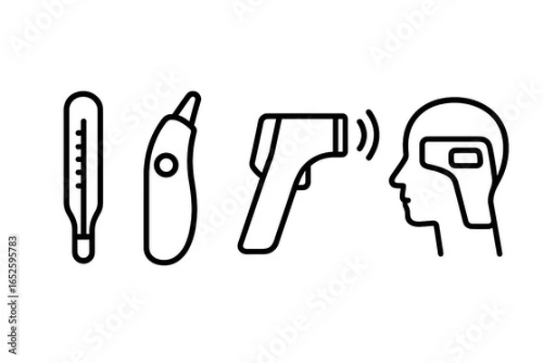 Fototapeta Body temperature icons set. Medical outline symbols for health care. Fever check with digital, ear, and non-contact infrared forehead thermometer. Vector illustration for diagnosis.