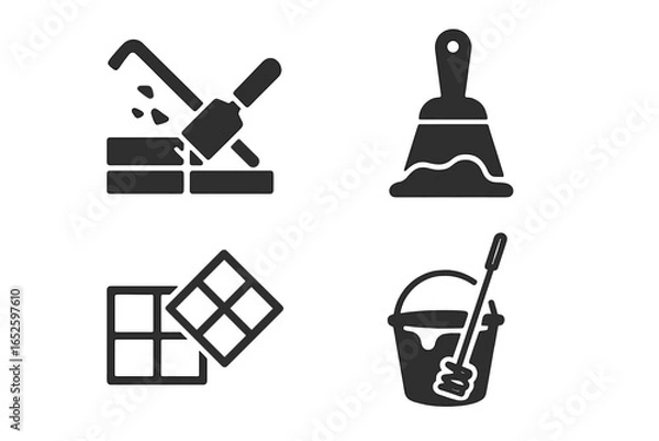 Fototapeta Floor renovation and tiling solid icon set. Vector glyphs for home improvement, including tile removal, adhesive scraper, new tile installation, and grout mixing.