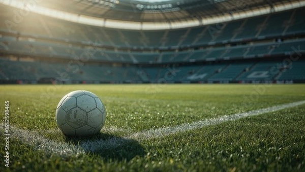 Fototapeta Football resting on the edge of a grassy pitch