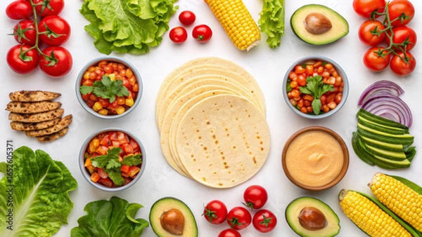 Fototapeta Fresh ingredients for vibrant taco night flat lay featuring tortillas, vegetables, and dips, creating colorful and inviting