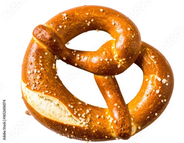 Fototapeta Golden brown soft pretzel with a traditional knot shape glossy crust and coarse salt topping.