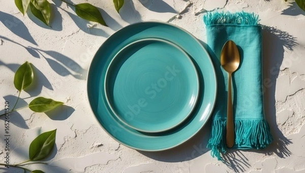 Obraz Vivid turquoise plate paired with a fringed napkin on a smooth white background, accented by leaf shadows, ideal for spring or summer dining decor. Copy space available.