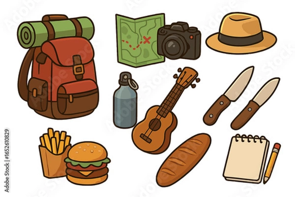 Fototapeta Travel essentials icon set for adventure and journey. Vector cartoon collection of backpacking and hiking gear like backpack, map, camera, hat, food and ukulele for exploration.