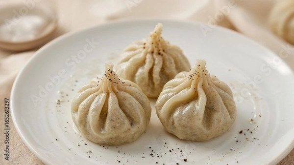 Fototapeta Close-up view of three steamed dumplings topped with ground pepper highlighting detailed pleats on a dish