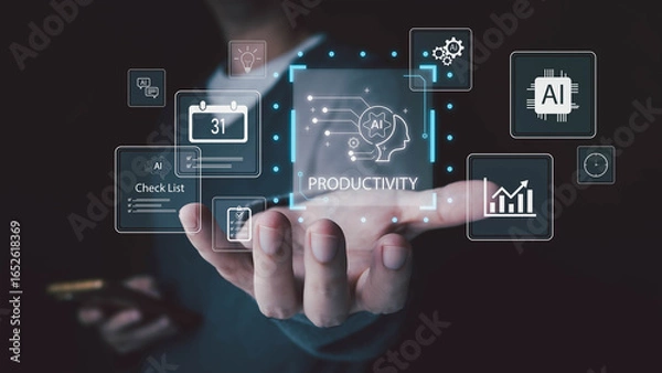 Obraz plus sign icon floating in the air on hand It symbolizes the introduction of positive elements such as personal development, social profit, health insurance and a growth mindset.